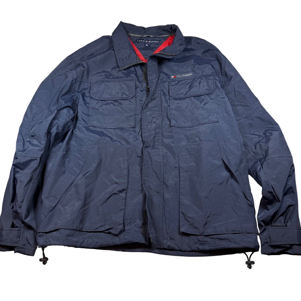 Vintage 90s Tommy Hilfiger Navy Blue Nylon Utility Jacket Mens‎ XL Windbreaker